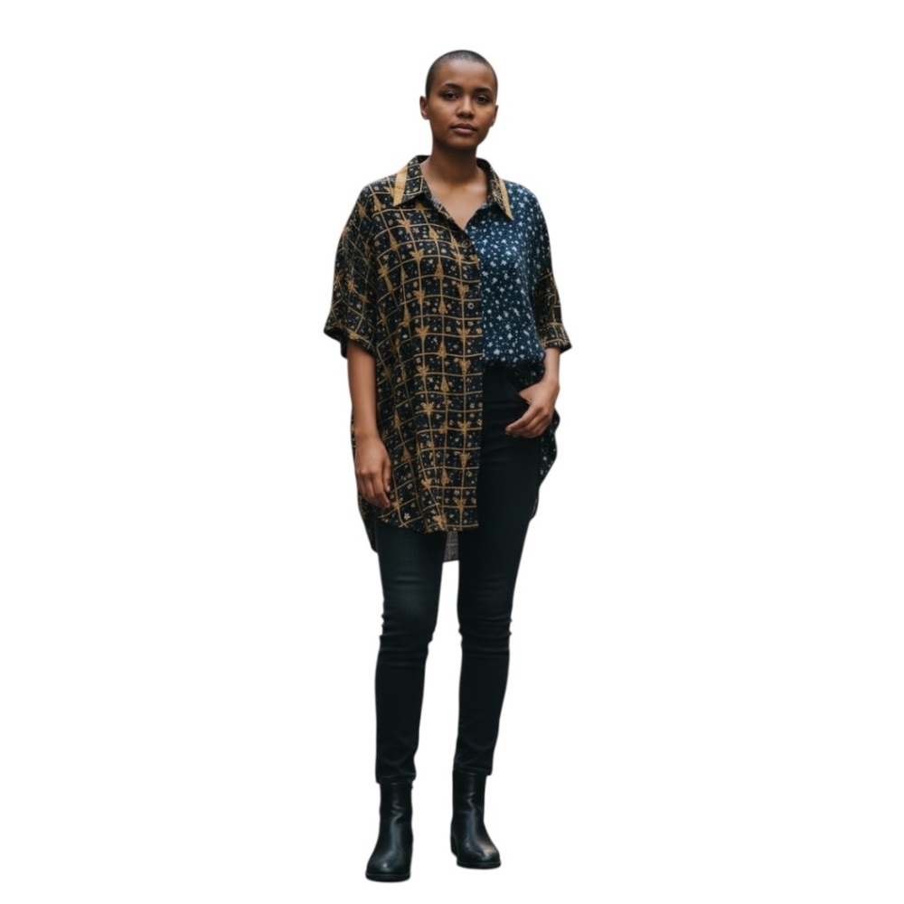 Vintage Synari Women's Two-Tones button-down shirt with a dark, geometric, SZ 1X